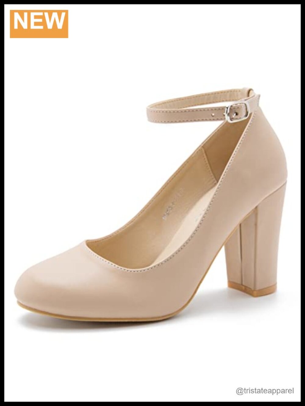 Women's Block High Heel Pumps with Ankle Strap Round Toe Synthetic Matte PU